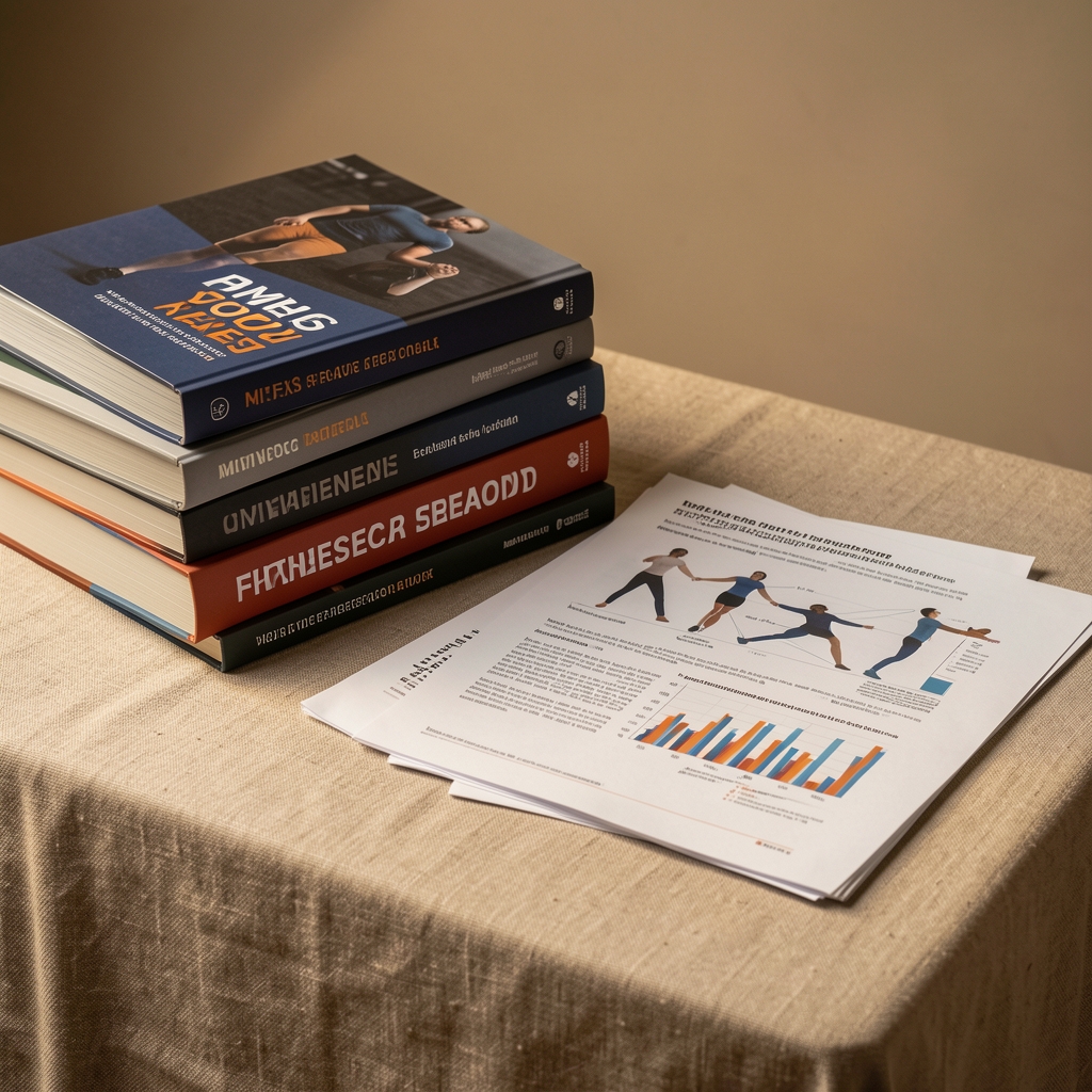 Stacked fitness reference books and printed movement research documents on a linen-covered surface, under warm studio lighting