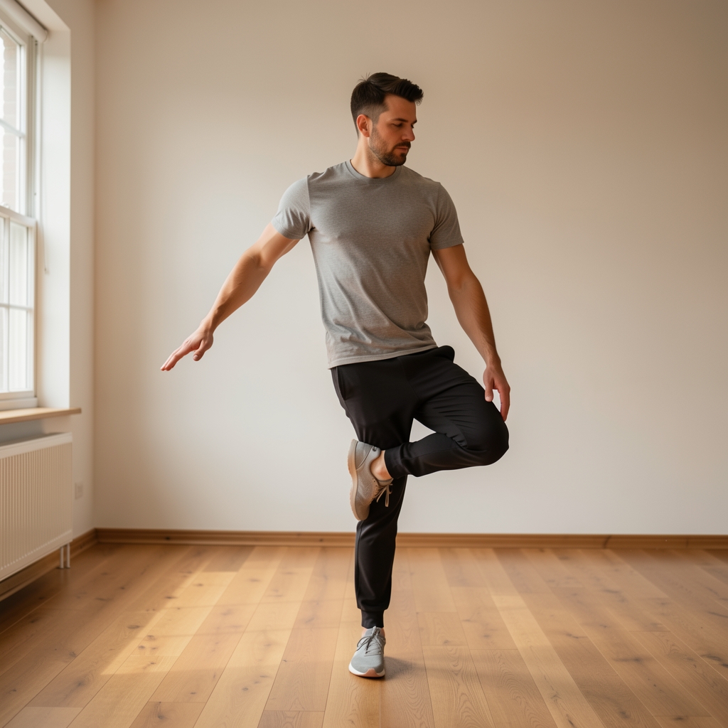 Movement specialist demonstrating a controlled single-leg balance exercise in a minimal, naturally lit home studio environment with warm wood tones