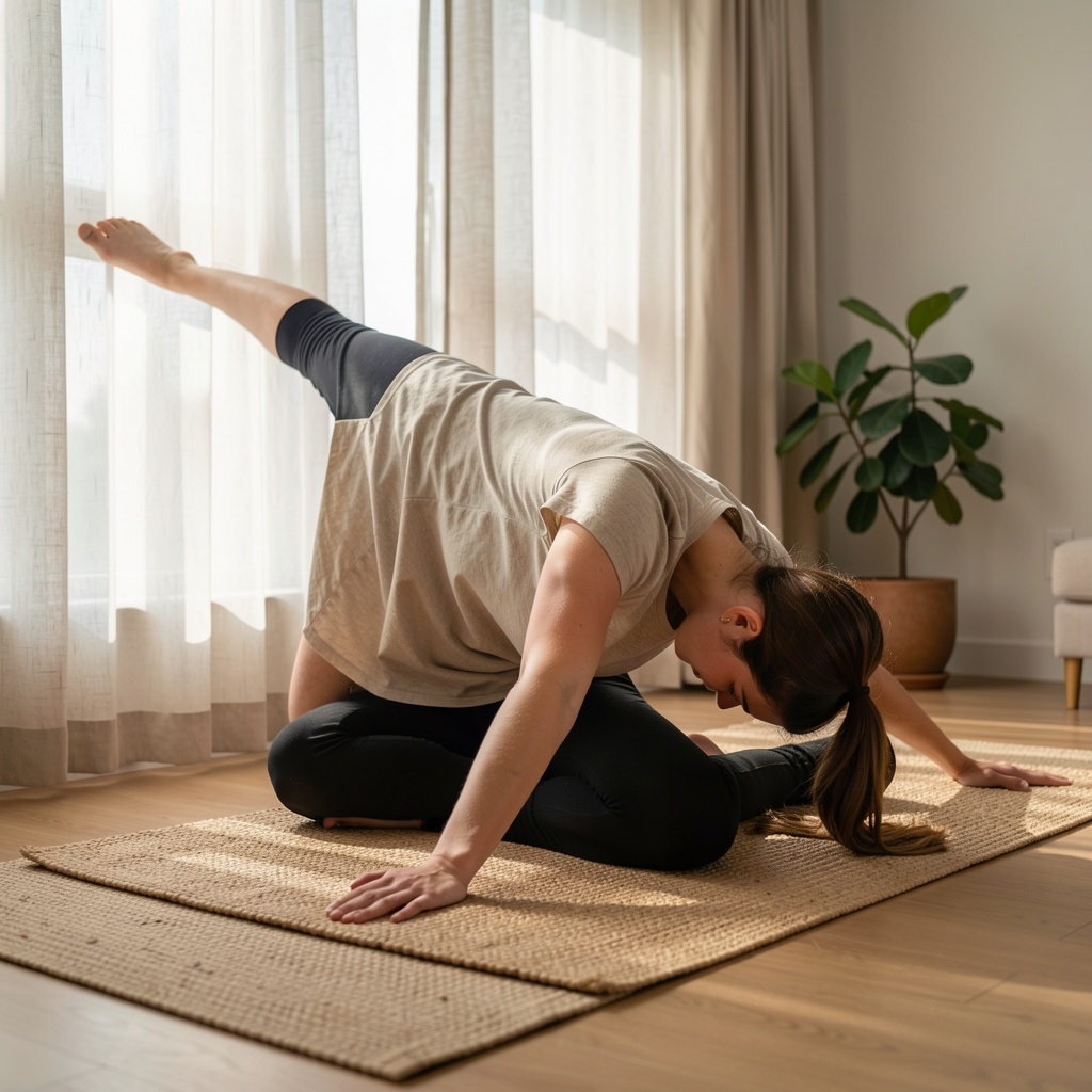 A person in a calm home setting performing a morning yoga-inspired stretch sequence on a natural fibre mat, soft morning light streaming through linen curtains
