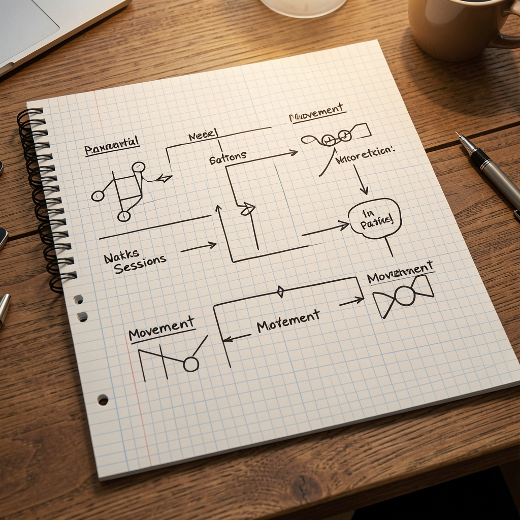 A hand-drawn movement planning diagram on graph paper showing a weekly session layout with movement patterns labelled, on a wooden desk
