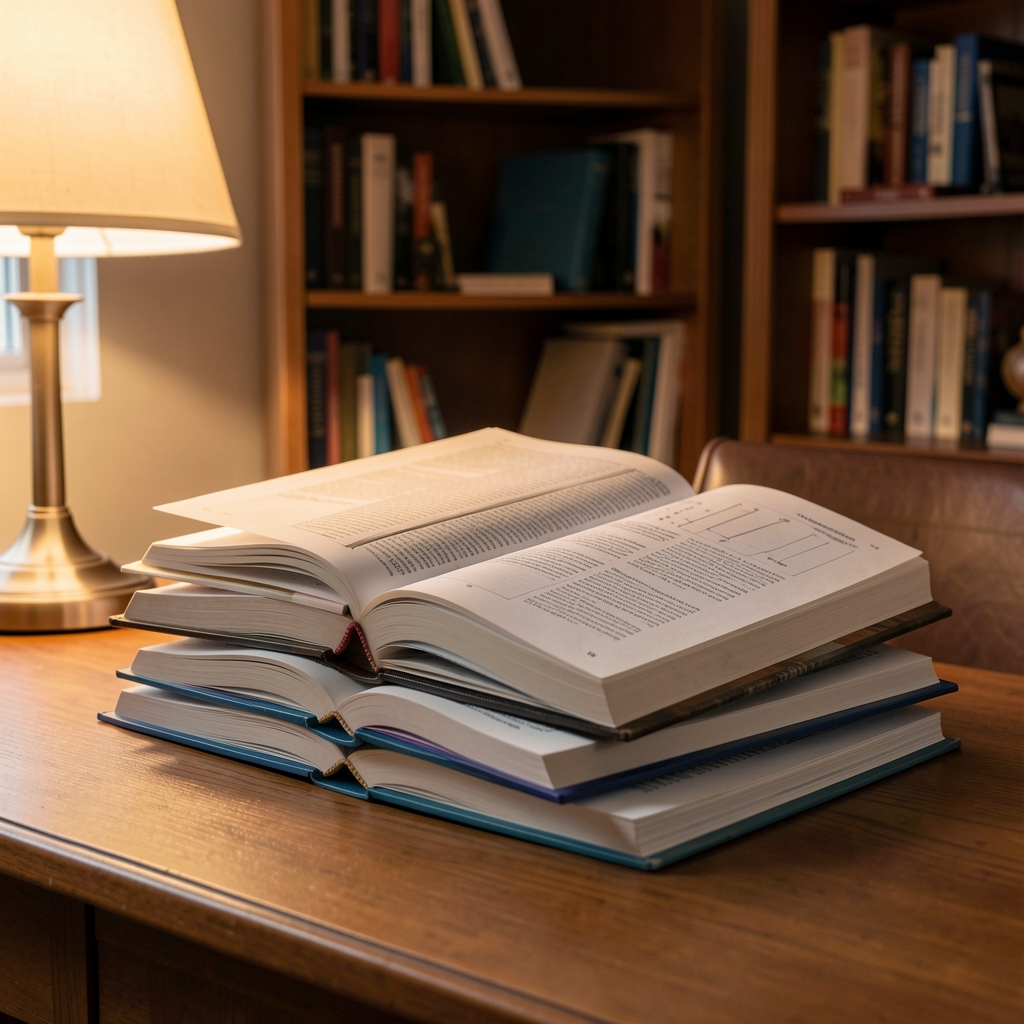 Stack of open journals and printed research papers on exercise physiology placed on a desk in a home study, warm lamplight