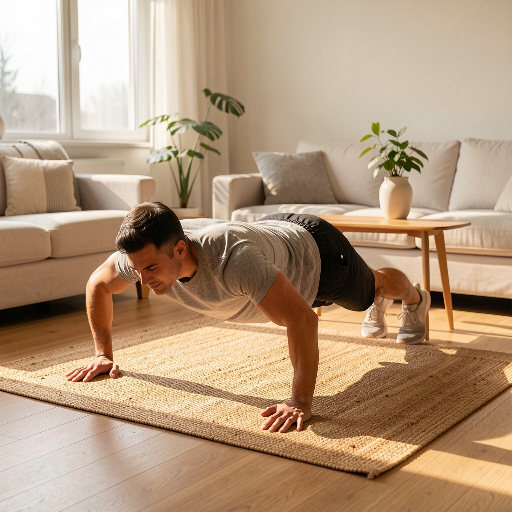 Person performing a controlled push-up variation on a natural fibre mat in a warm, minimally furnished living room with morning light