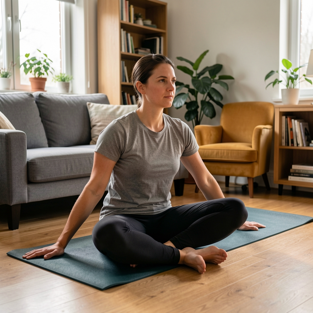 Person in a seated hip flexor stretch on a yoga mat in a domestic living room, posture relaxed and form deliberate