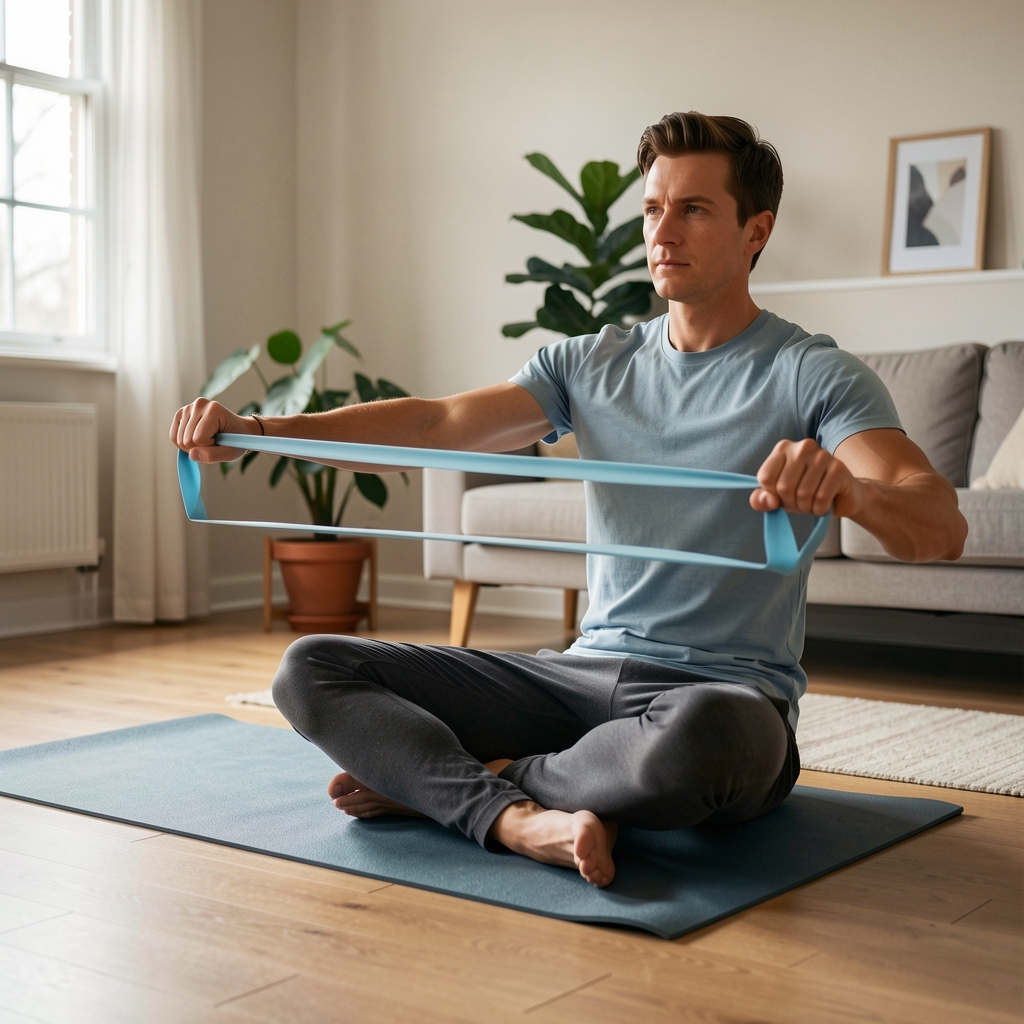 Resistance band stretched taut between two hands during a rowing motion, person seated on a yoga mat in a calm home interior
