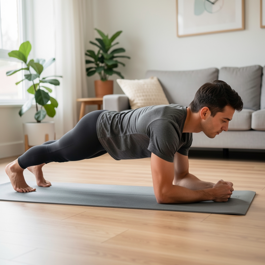 Person in a forearm plank position on a yoga mat in a home setting, viewed from the side, demonstrating correct body alignment