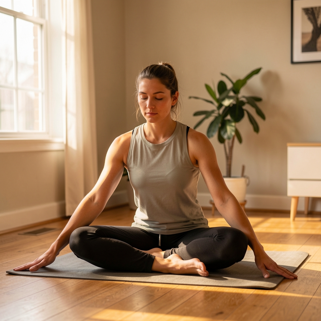 Person seated on the floor in a deep hip flexor stretch in a warm, naturally lit room, arms extended and spine lengthened