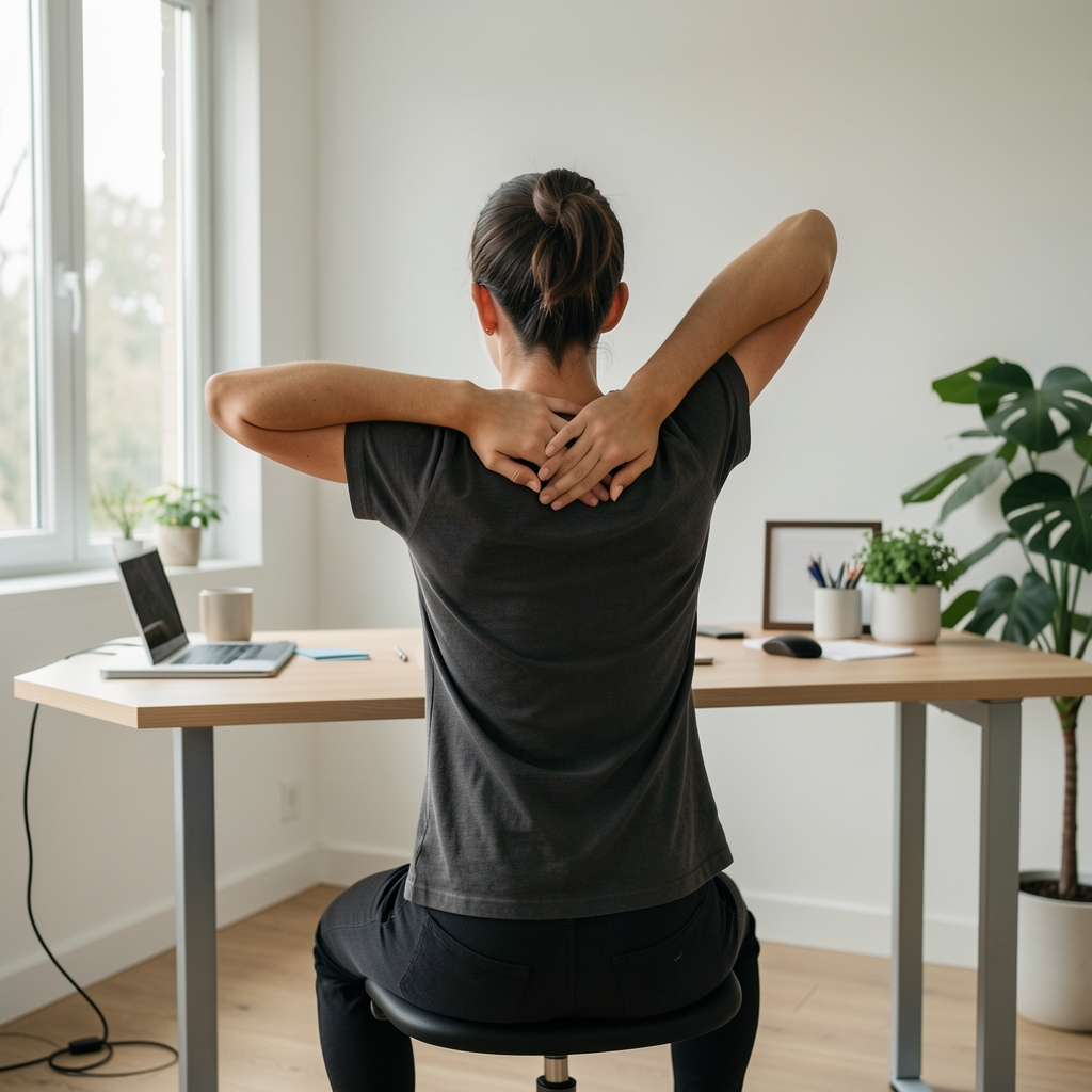 Person seated at a standing desk performing a chest-opening stretch, arms clasped behind the back, in a clean home office setting