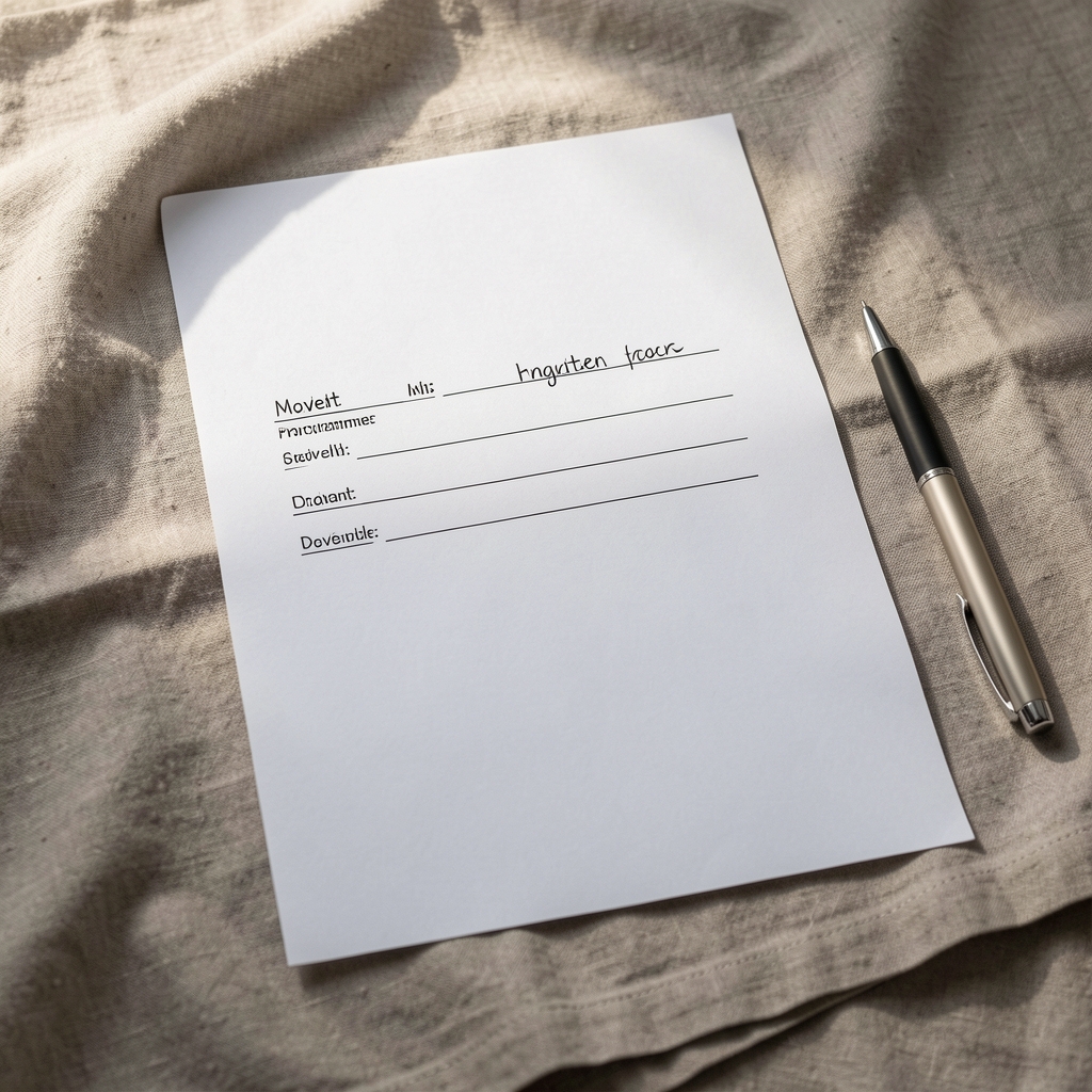 A handwritten movement programme document laid flat on a linen cloth surface, with a pen resting beside it and natural sidelight